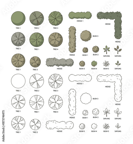 Landscape architect plan: Tree, hedge, bush, and sapling top view symbols and signs for site plans