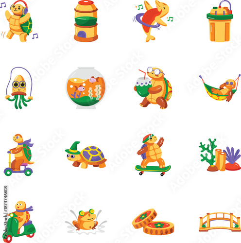 Collection of Aquatic Pets Flat Style Icons 
