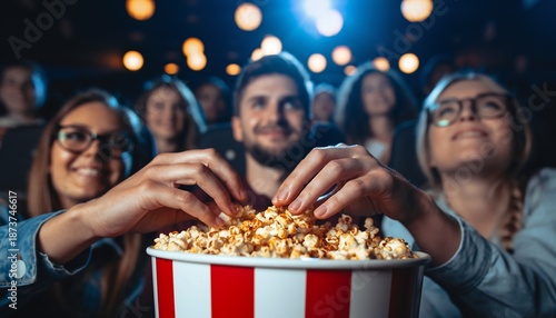 Friends enjoy popcorn while watching a movie at the cinema, for entertainment, leisure and cinema experience