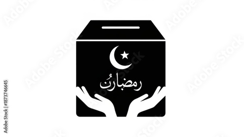 Black donation box with crescent moon star and arabic script on white background with hands with charity and ramadan and islamic and aid and relief
