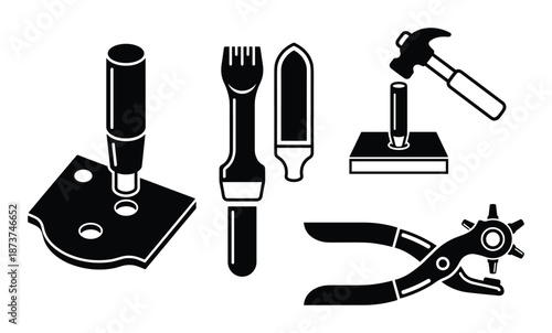 Leatherworking tools illustration including hammer, pliers, awl and craft supplies
