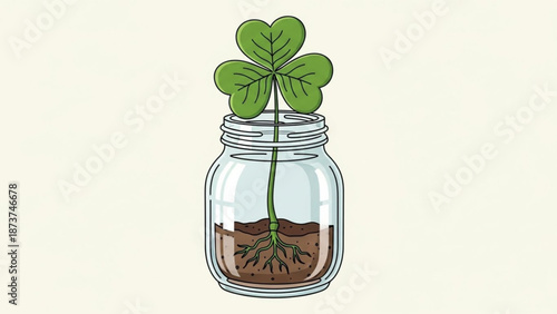 A three leaf clover plant growing in a transparent glass jar with soil and roots visible through the side on a plain background with growth and nature