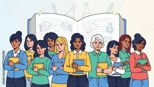 Diverse group of students holding books in front of an open textbook.