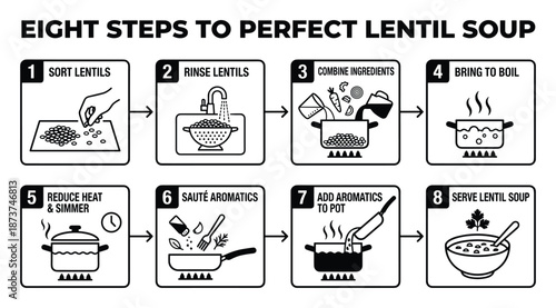 Lentil soup recipe guide with eight steps to perfect lentil soup illustration, simple black and white design
