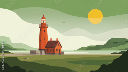 Stylized digital illustration of a red lighthouse and house on a green coast, featuring calm water and a radiant sun
