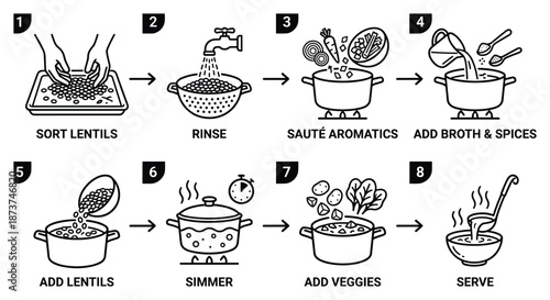 Lentil soup recipe steps in vector illustration, from sorting to serving, for cooking instructions or culinary guides