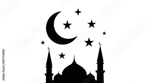 Islamic mosque silhouette with crescent moon and stars on white background vector illustration with ramadan and eid and muslim and religion and faith