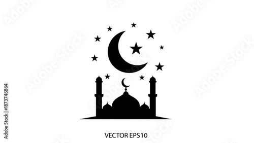A serene black silhouette of a mosque under a crescent moon and stars at night with Islamic and architecture and religion and faith and spirituality
