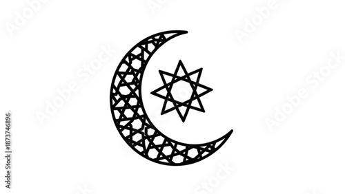 Intricate black crescent moon and star symbol with geometric patterns on white background for design and cultural projects with islamic art and arabic pattern