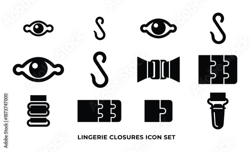 Lingerie closures icon set with hook, eye, slider, ring, and adjuster icons in a black silhouette on a white background.