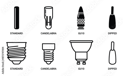 Light bulb types vector illustration: standard, candelabra, GU10, and dipped styles