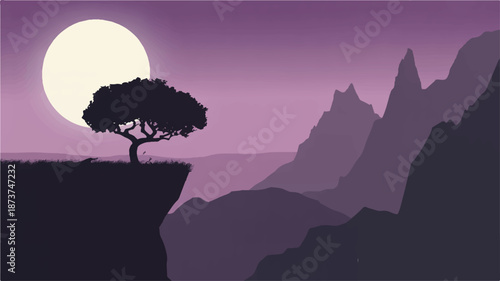 A stylized digital illustration of a solitary tree on a cliff overlooking a mountain range under a large moon