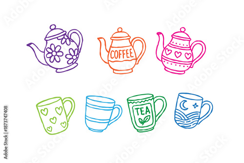 Teapots for tea and coffee set collection. doodle kitchen mugs with patterns and drawings in hand drawn linear retro style. Vector porcelain tableware template