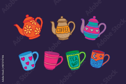 Teapots for tea and coffee set collection. Cartoon doodle kitchen mugs with patterns and drawings in hand drawn retro style. Vector porcelain tableware stickers template
