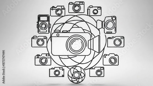 Camera collection drawing animation on white background.