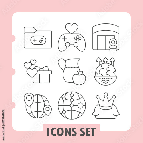 Games folder, giftbox, globe simple icons set featuring food, travel and rewards items in outline style for web apps and print on white background. Vector graphics. Set of nine thin line icons.