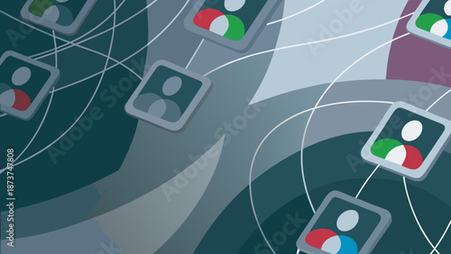 Flat vector artwork of floating abstract symbols representing connected people or profiles on a dynamic background with lines and shapes with profile symbols