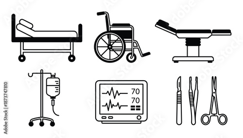 Medical equipment line art illustrations: bed, wheelchair, surgical table, IV stand, monitor, tools