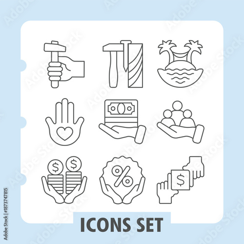 Hammer, hand, money simple icons set depicting essential tools, finance and services items in outline style for web apps and print on white background. Vector graphics. Set of nine thin line icons.