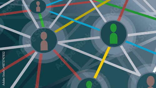 Flat vector illustration of abstract data flow with connected people icons and colorful lines representing communication network and information exchange in a digital age
