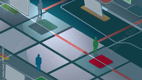 Flat vector scene of stylized human figures interacting on a grid background with red lines and rectangles with people and illustration and graphic design