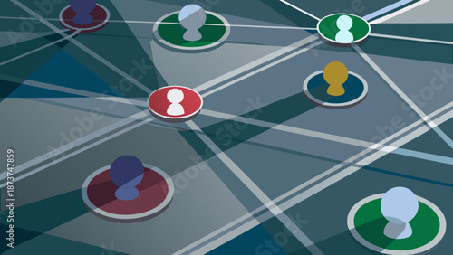 Minimal flat vector illustration of interconnected people icons in a network with connection and communication and community and social and media