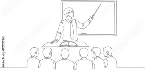 A funny cartoon illustration of a woman teacher in a classroom with a blackboard drawing for children in a business work style vector
