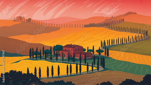 Vibrant Tuscan Landscape Illustration with Rolling Hills and Cypress Trees