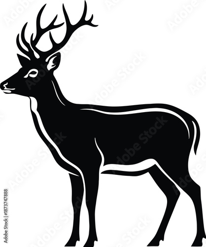 A wild deer silhouette vector illustration features a majestic stag with large antlers, capturing the essence of a woodland elk or reindeer in a minimalist nature design for hunting or Christmas