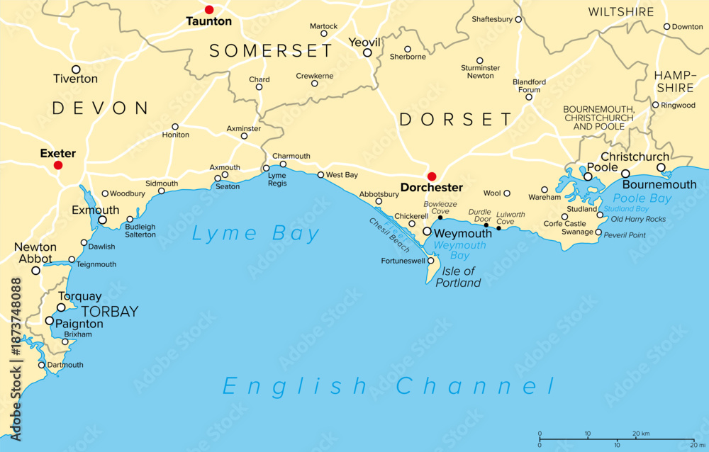 Fototapeta premium Jurassic Coast of England, United Kingdom, political map. Also Dorset and East Devon Coast, a site on the English Channel coast of southern England, stretching from Exmouth to Studland Bay. Vector