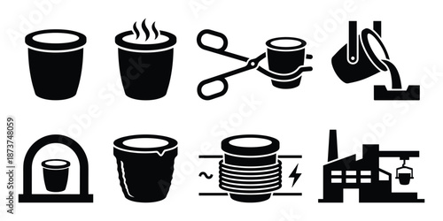 Metal Casting Process Pictograms Black Icons Metalworking Industry Vector Set Isolated on White Background