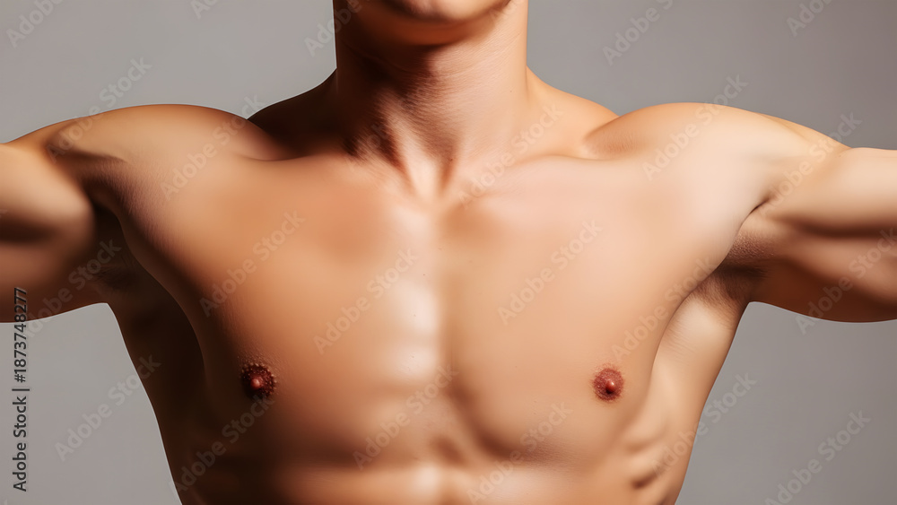Fototapeta premium Muscular Male Torso with Defined Chest and Shoulders Against Gray Background image
