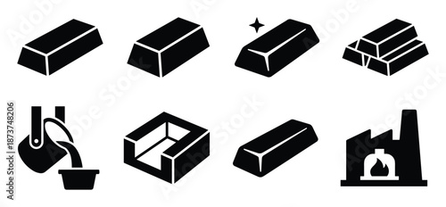 Metal smelting process icons, gold bars, ingot molds, and foundry oven illustration set