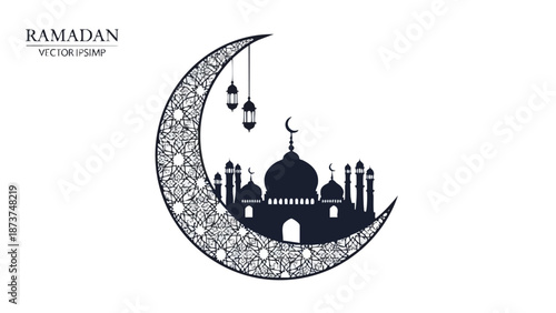 Vector illustration of a mosque silhouette on a crescent moon with lanterns, set against a Ramadan Kareem background.