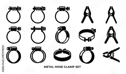 Metal Hose Clamp Set Vector Illustration: Industrial Hose Clamps with Pliers for Fastening and Securing
