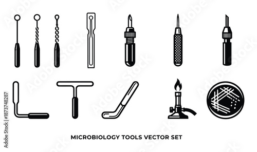 Microbiology tools vector set illustration, inoculation loop, needle, spreader, burner and petri dish