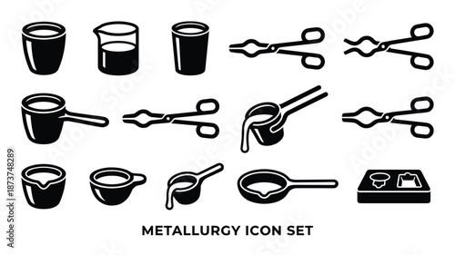 Metallurgy Icon Set with Beakers, Tongs, and Ladles, Black and White Vector Elements