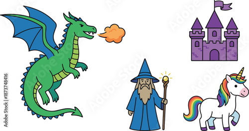 Vector illustration set of classic fantasy elements featuring a flying green dragon breathing fire, a purple medieval castle, an old wizard holding a magic staff, and a cute white unicorn with a rainb