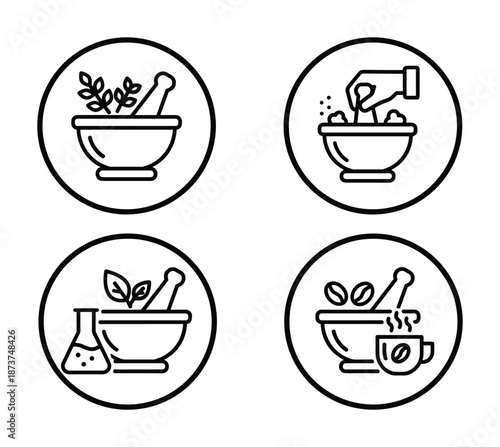 Mortar and pestle icon set, plant extracts, herbs, coffee beans line art in circle