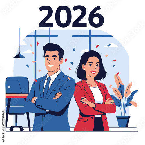 Confident business professionals celebrating new year 2026 in modern office setting with confetti