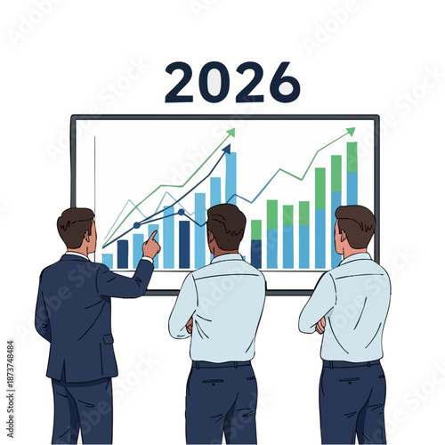Businessmen analyzing 2026 market trends and projections on a large screen display together
