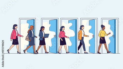 Diverse group of women walking through open doors, representing opportunity and career advancement.