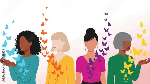 Diverse women with butterflies, representing freedom and empowerment, vector illustration.