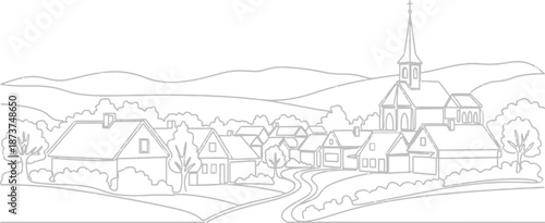 Vintage black and white vector sketch of an old castle house on a hill in a forest mountain landscape featuring architectural exterior art design
