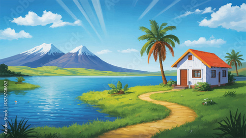 A Serene Landscape Featuring Mountains, a Lake, a Cozy House, and Palm Trees Under a Bright Blue Sky