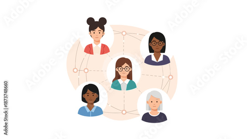 Diverse group of women connected in a network, symbolizing collaboration and community.