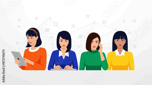 Diverse group of businesswomen working with technology in a modern office.