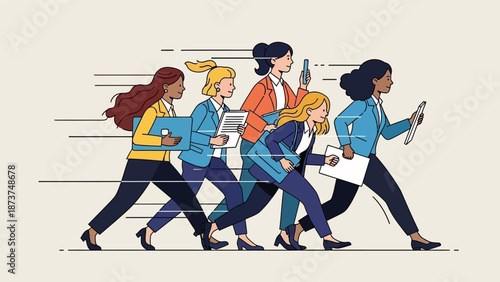 Diverse group of businesswomen walking forward with determination and purpose.