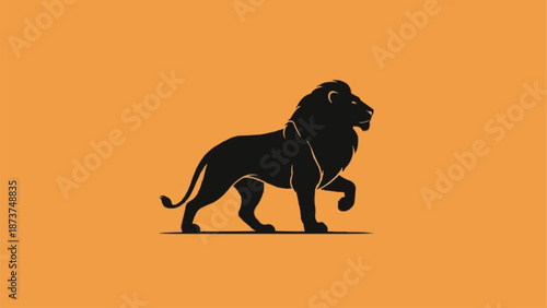 Majestic Lion Silhouette Walking Confidently on Orange Background.