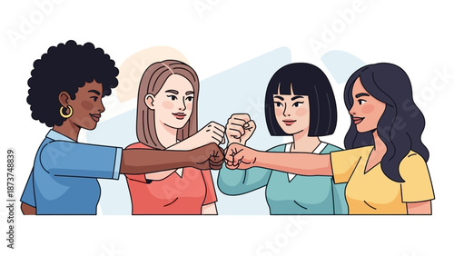 Diverse group of women bumping fists in a show of solidarity and teamwork.
